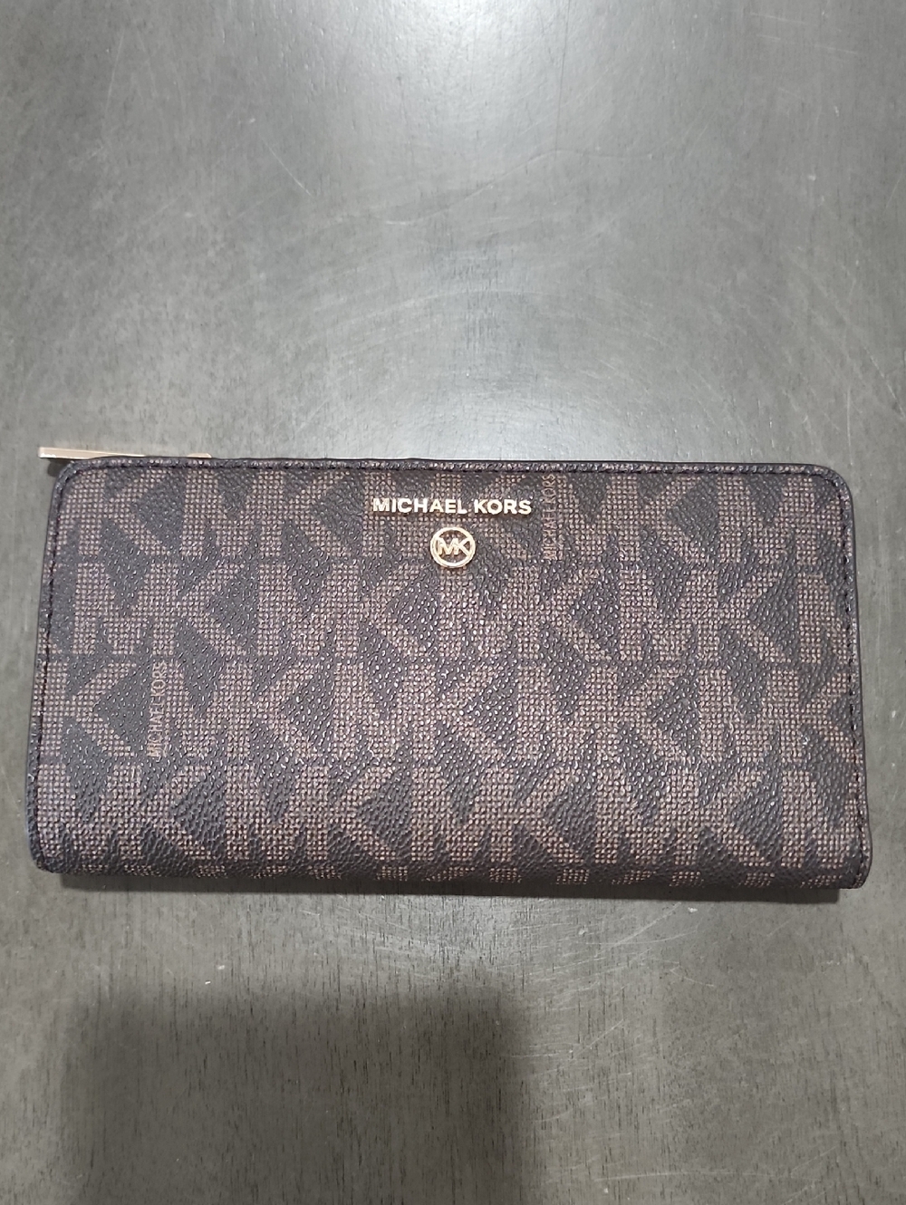 Michael Kors Brown MK Monogram Zip-Around Wallet with Gold Logo